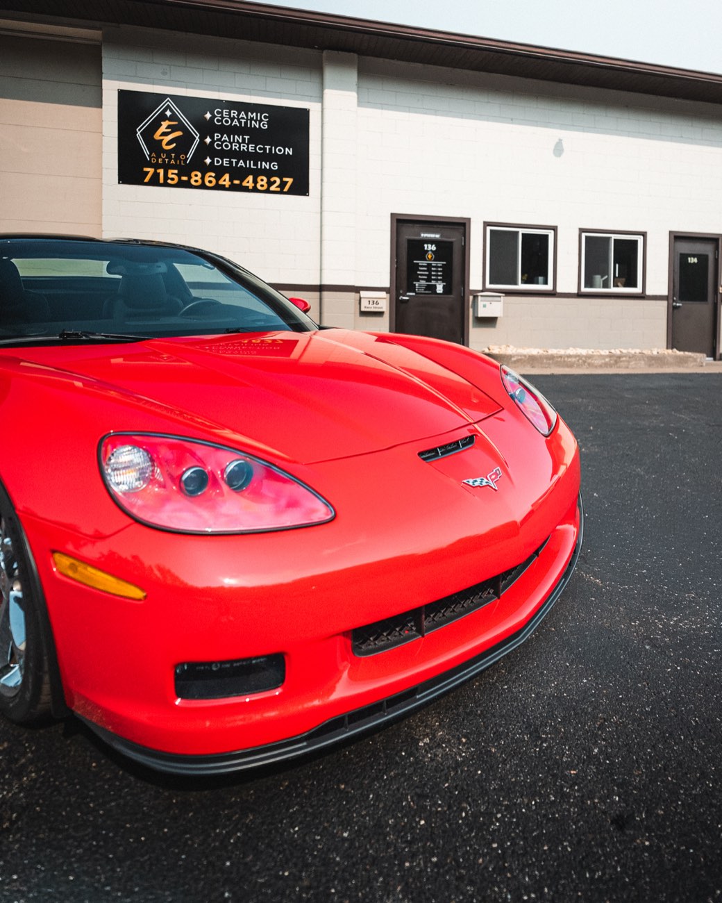 Red Corvette Grand Sport paint protection film at Eau Claire Auto Detail