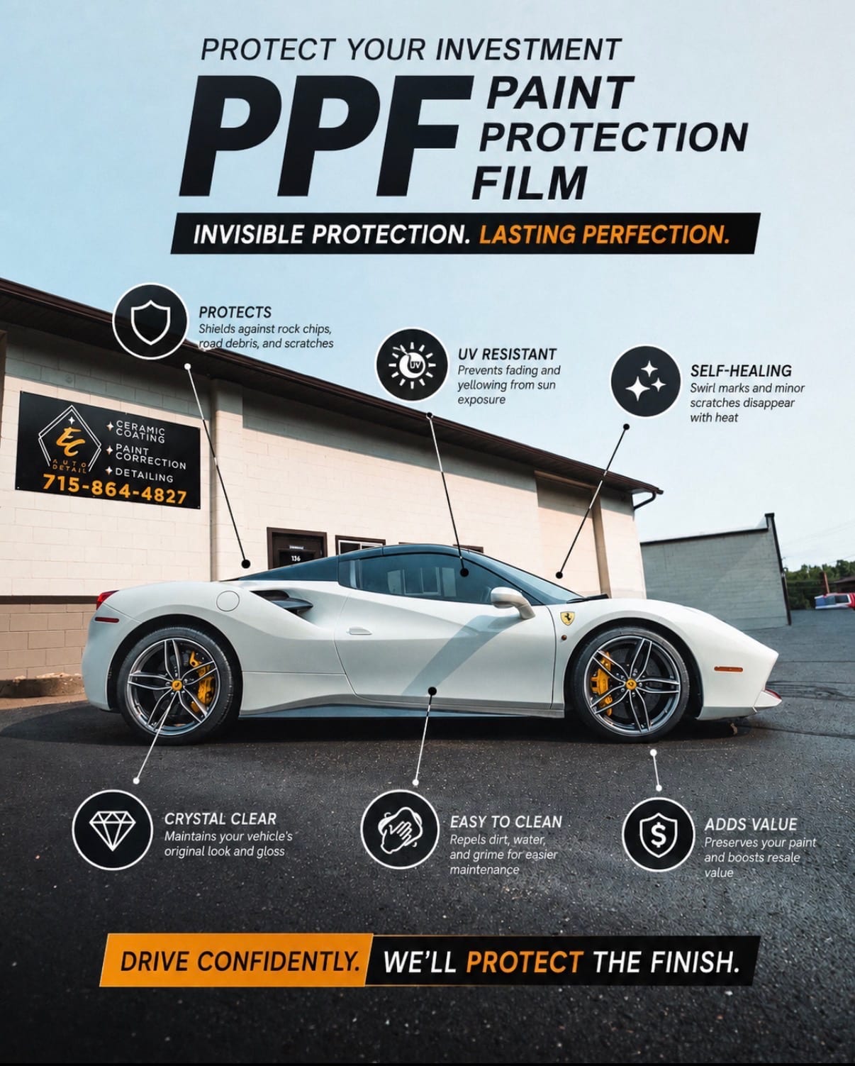 Paint protection film benefits: protects against rock chips, UV resistant, self-healing, crystal clear, easy to clean, and adds resale value