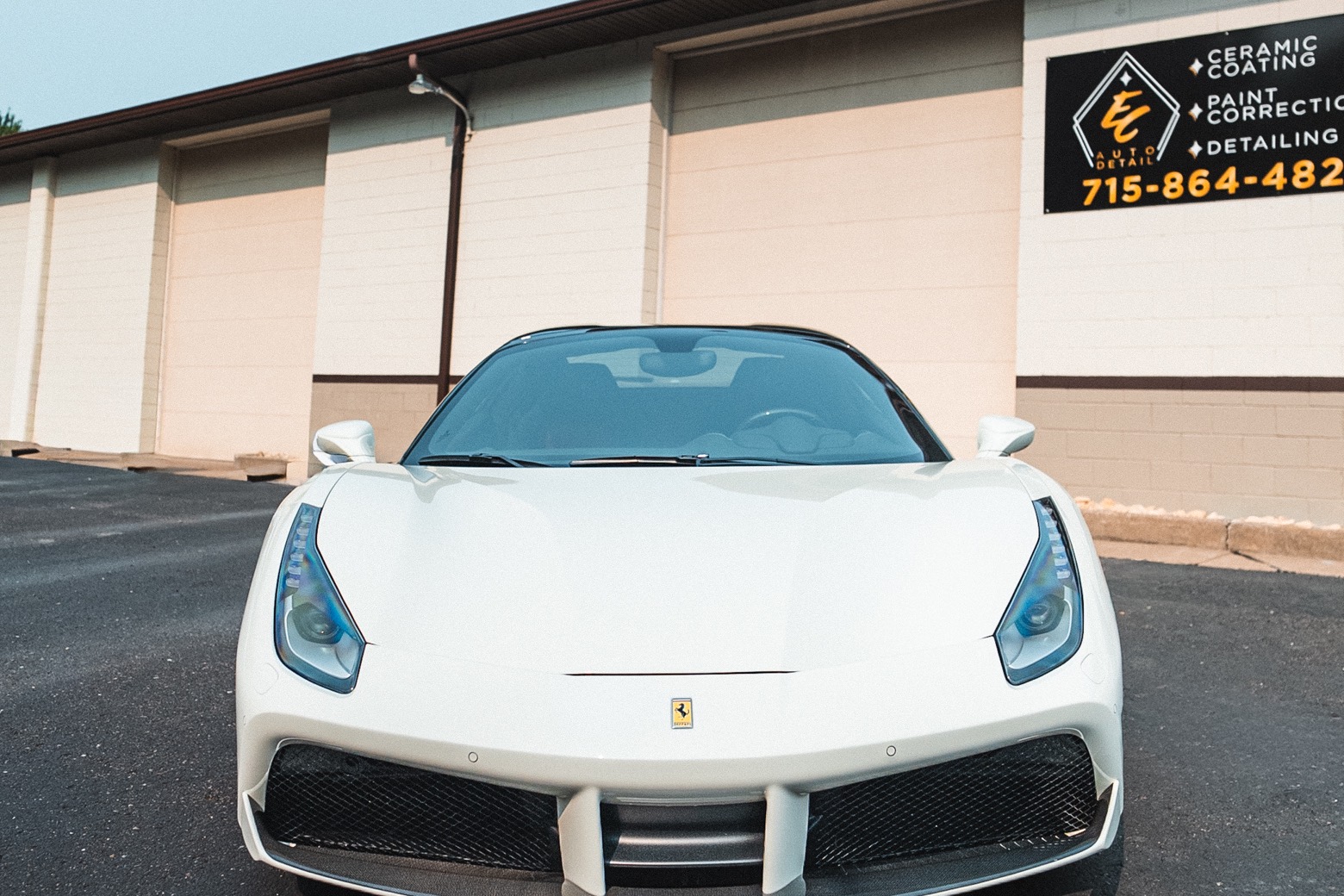 White Ferrari 488 with paint protection film